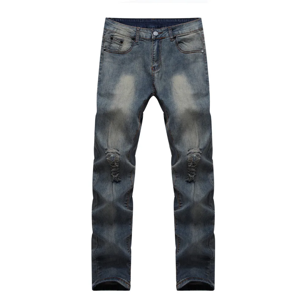 Мужские рваные прямые джинсы с дырками тонкие облегающие брюки скинни для мужчин