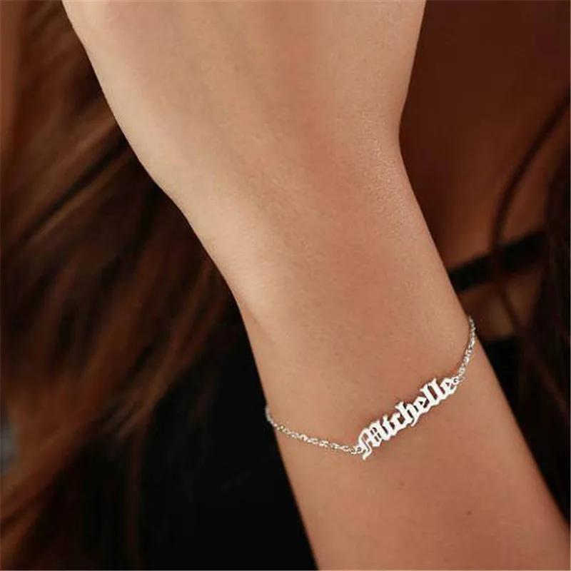 

Custom Personalized Name Bracelet For Women Men Old English Font Girls Friends Name Plate Charm Bangle Friendship Wedding Gift