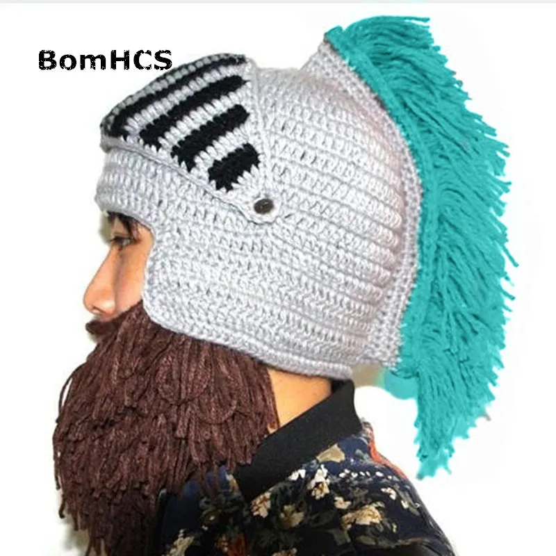 SKY BLUE TASSEL BomHCS забавные зимние теплые шапки с бородой для косплея Римский рыцарь вязаный шлем оригинальные варварские шапочки ручной работы мужские шапки - Цвет: SKY BLUE TASSEL