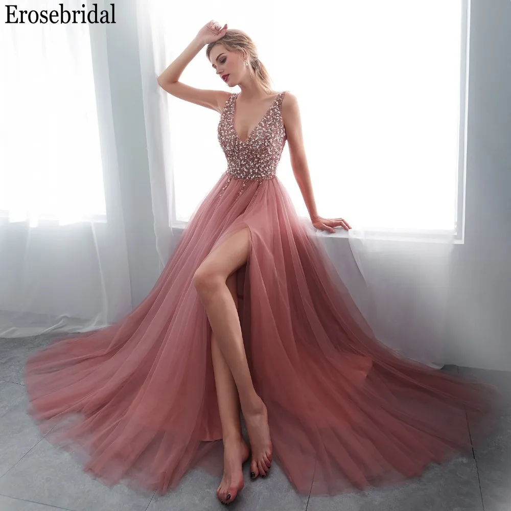 Erosrbridal, длинное платье для выпускного вечера,, спереди, с разрезом, А-линия, женские вечерние платья, глубокий v-образный вырез, с бисером, лиф, со шлейфом, на шнуровке, сзади