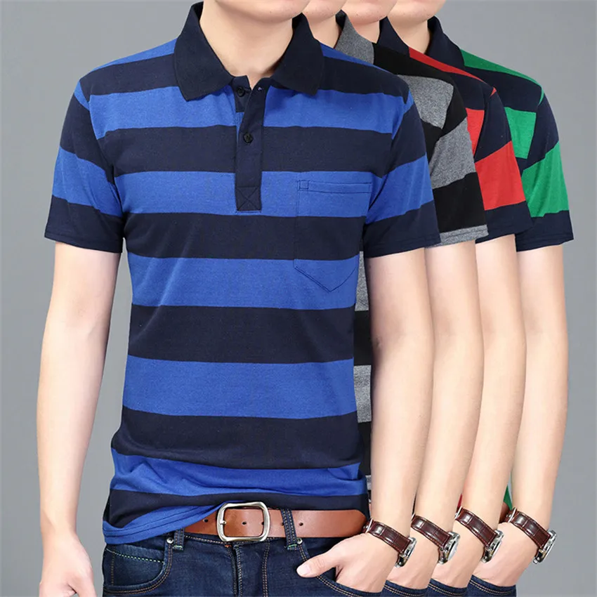 Летняя новая Мужская хлопковая футболка с коротким рукавом отворотом в полоску