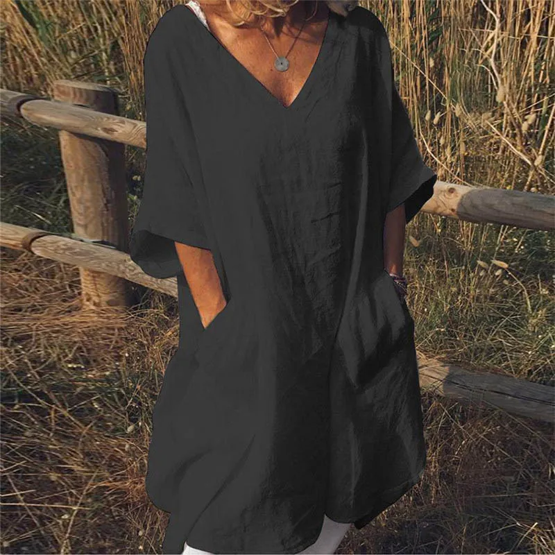 solid black ELSVIOS размера плюс, новинка, летнее платье из хлопка, женское сексуальное платье с v-образным вырезом, рукавом до локтя, с карманами, для девушек,, повседневное, одноцветное, свободное платье, 5XL - Цвет: solid black