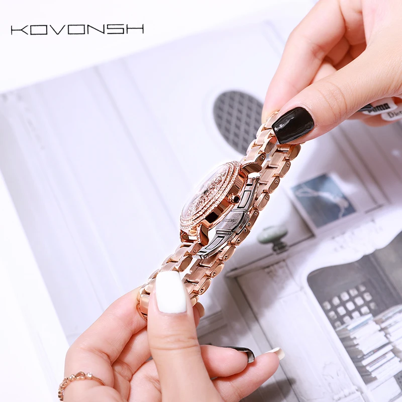 KOVONSH 360 градусов вращающийся циферблат женские часы Роскошные модные женские часы из нержавеющей стали под платье женские часы кварцевые наручные часы