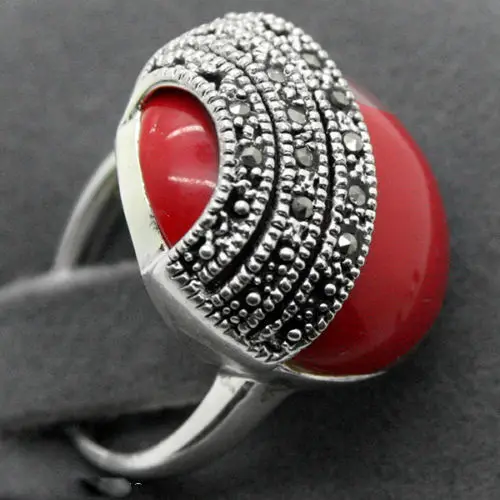 

wholesale 16mm Red Carved Lacquer Marcasite 925 STERLING SILVER RING SIZE #7/8/9/10
