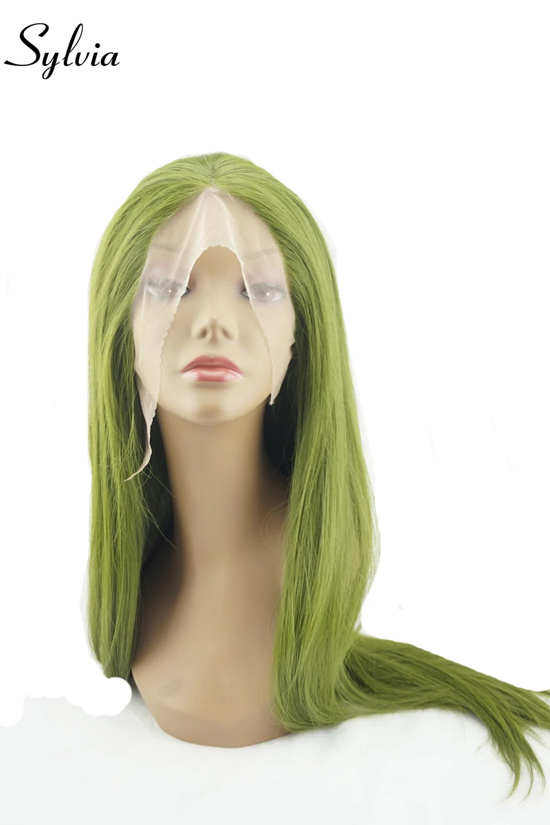 

Sylvia Olive Green Silky Straight Synthetic Lace Front Wigs Green Natural Look Long Heat Resistant Fiber Hair Middle Parting