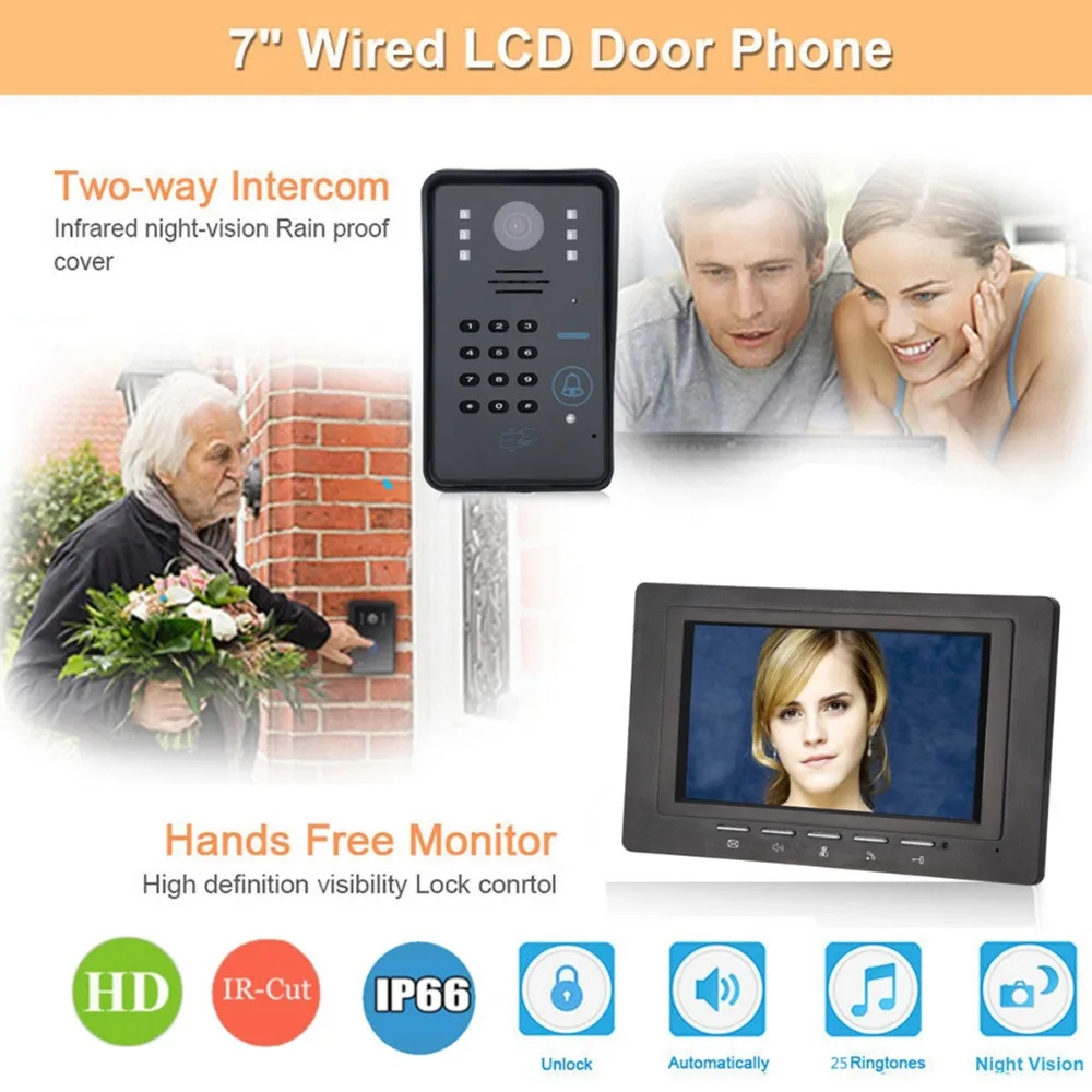 Home Security 7 inch 2 Monitor RFID Password Video Door Phone Intercom Doorbell With IR Camera Access Control System+Locks | Безопасность