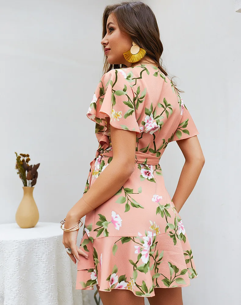 

Women Dress New Summer Sexy V-neck Dress Lady Printed Temperament Commuting Short Party Dress Ruffled White Bodycon Dress Mini