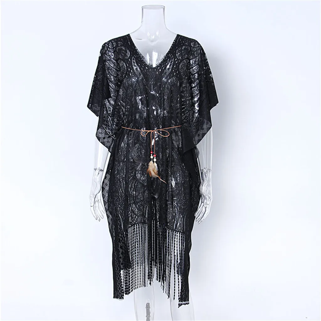

2019 Sexy Women Tassel Crochet Beach Cover Up Swimwear Bikini Beach Dress Hollow Solid Swimsuit Beach Wear Pareo Saida De Praia