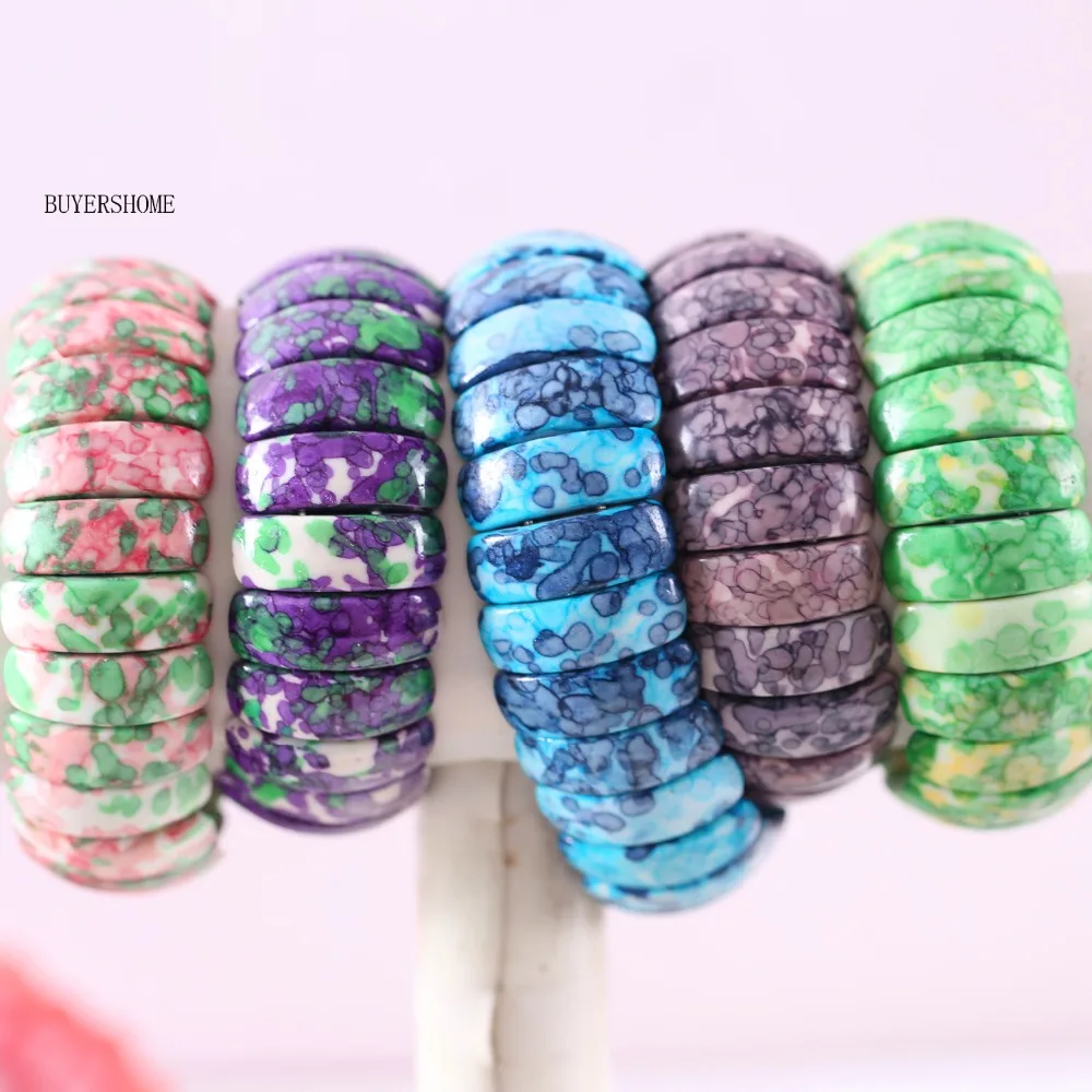 

BUYERSHOME Hot Women Jewelry Stretch 10X25X8MM Natural Beads Brown Pink Green Purple Yellow Ocean Stone Bracelet 7" 1Pcs