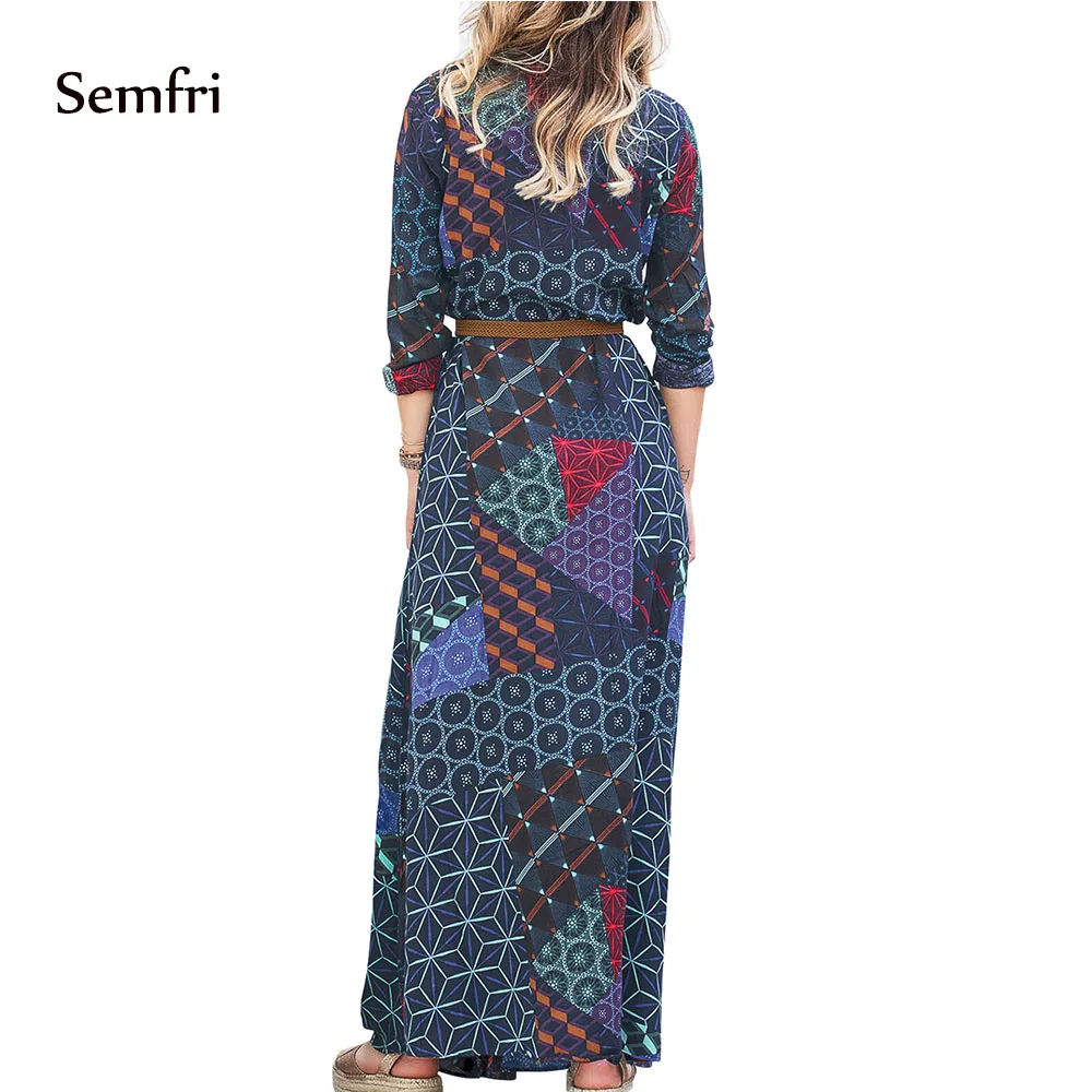 Semfri Sexy Loose dress Maxi Dress Party Boho Print Belted Shirt Vestidos De Fiesta Noche | Женская одежда