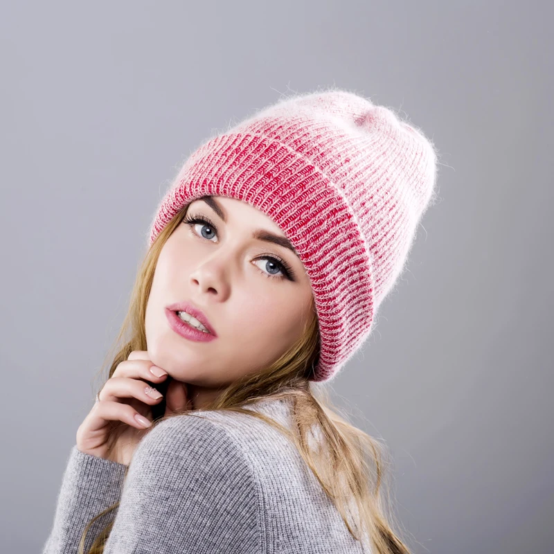 Женские зимние шапки вязаные из кроличьей шерсти и меха женские натурального 9