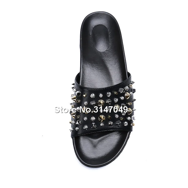 Шлепанцы мужские из натуральной кожи однотонные сандалии с заклепками