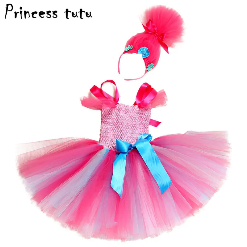 PRINCESS Kids Baby Girl Clothes Trolls Party Dress Headbands Set Halloween Cosplay Poppy Costume Girls Tutu Dresses W137 | Детская