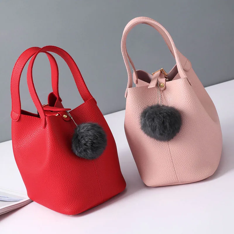 

Ladies Girls Casual Solid Color Bag Plush Ball Decor Bucket Bags Popular Fashion Autumn Winter Women PU Leather Handbag FA$3