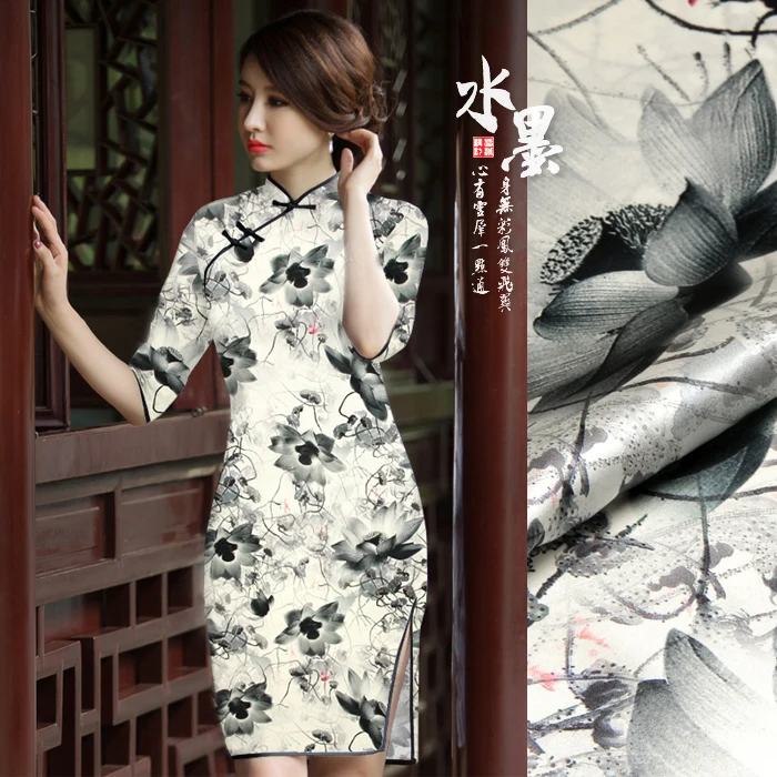 

118cm wide 19mm 93% silk & 7% spandex ink lotus print silk satin fabric for summer dress shirt clothes