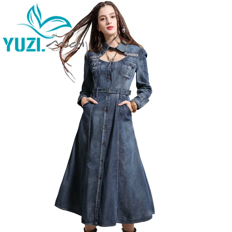 Женское платье 2019 Yuzi.may Бохо новые джинсовые женские платья отложной воротник