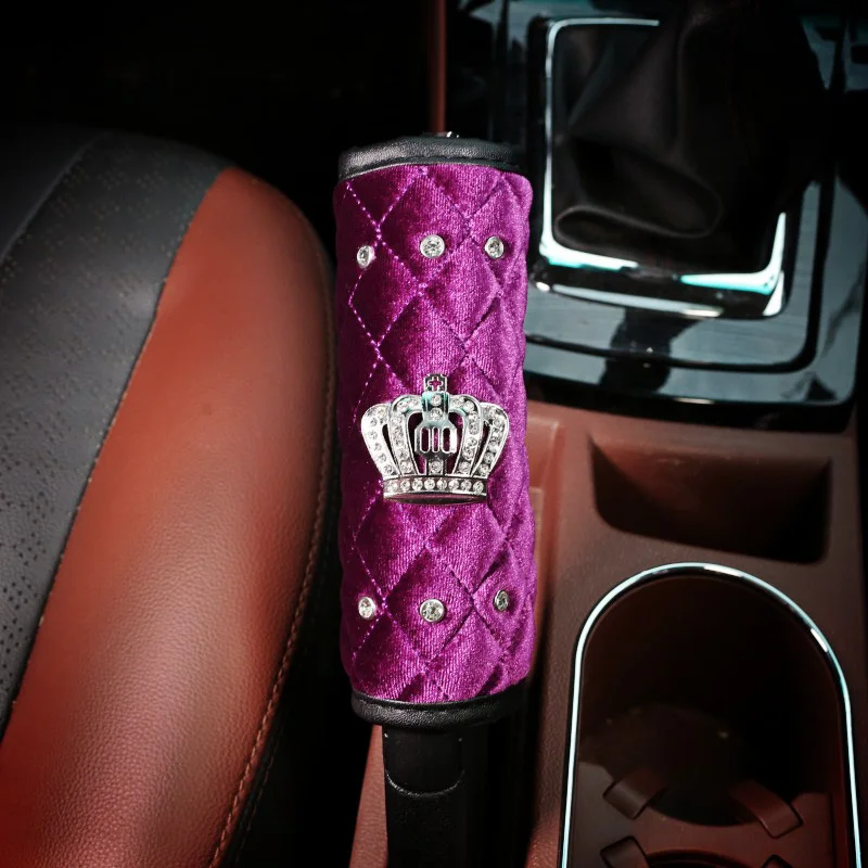 handbrake cover 1pcs Фиолетовые алмазные хрустальные короны, аксессуары для автомобиля, плюшевые меховые автомобильные чехлы на руль, подголовник, ремень безопасности, крышка переключения передач - Название цвета: handbrake cover 1pcs