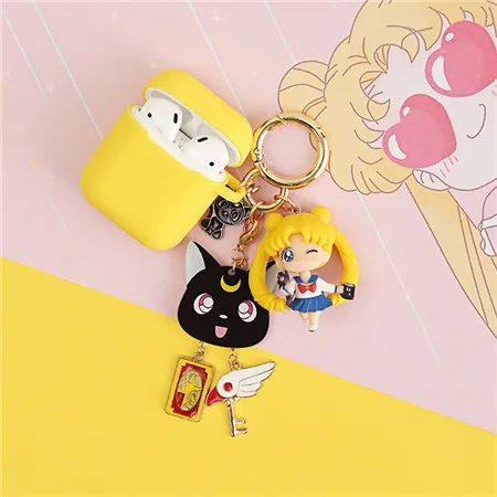 yellow Мультяшный декоративный силиконовый чехол для Apple Airpods, Bluetooth наушники Air Pods, аксессуары Airpod, защитная крышка, крюк, кольцо для ключей - Цвет: yellow