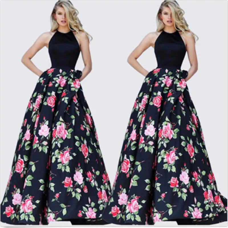 Женское винтажное платье макси Черное длинное трапеция с цветочным принтом