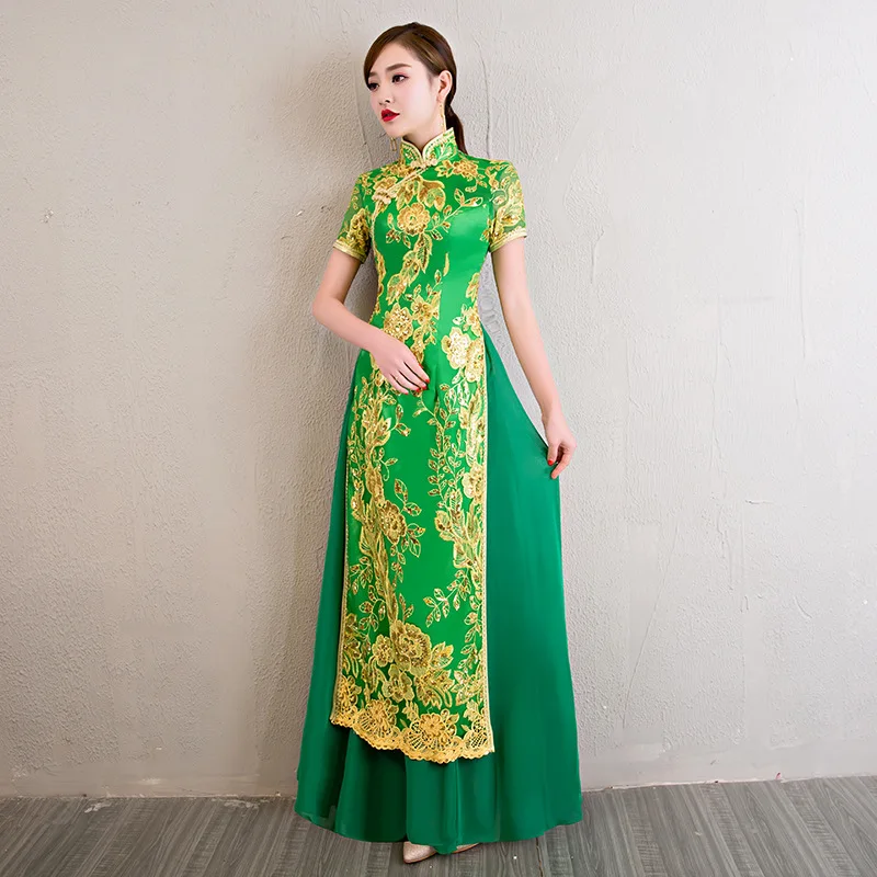 Большие размеры 3XL 4XL блестки китайский стиль сценическое шоу Qipao новое длинное тонкое Cheongsam винтажное Цветочное платье "аодай" Vestidos
