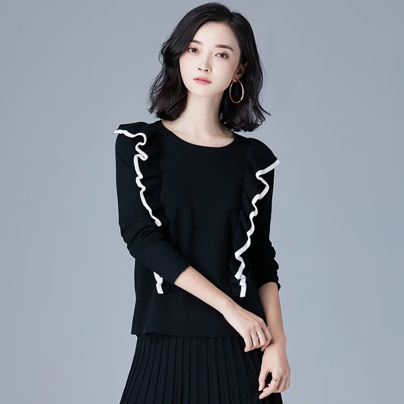 Женский трикотажный пуловер с круглым вырезом свитер рюшами и длинными рукавами