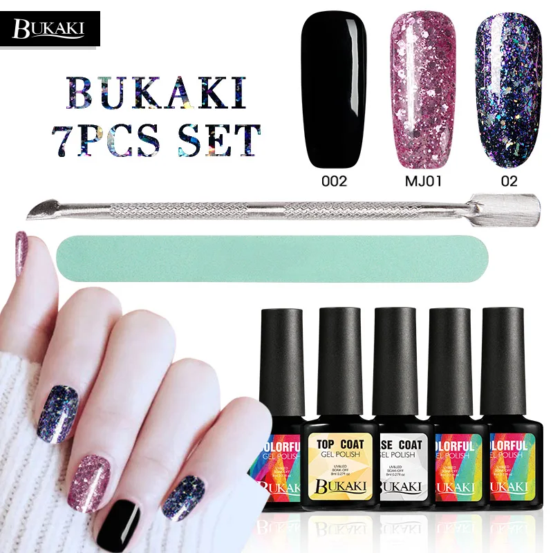 7Pcs Nail Gel Set BUKAKI 1 набор французский телесный цвет лак для ногтей уф-гель светодиодный светильник гибридный гвоздь кошачий глаз изменение температуры цвет гель лак для ногтей наборы - Цвет: 7Pcs Nail Gel Set