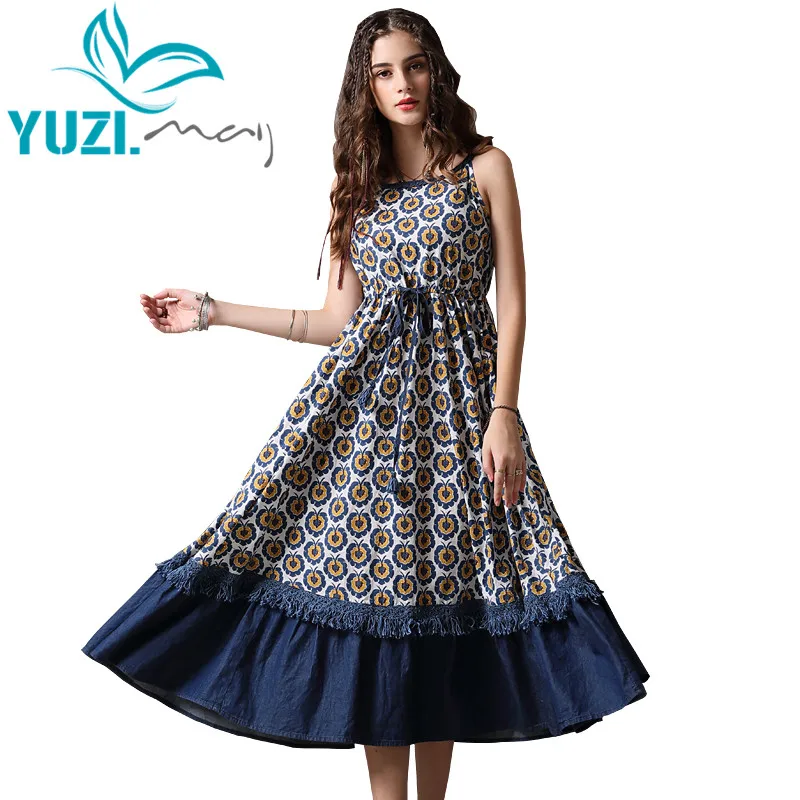 Летнее платье 2018 Yuzi.may Boho новые джинсовые платья с цветочным принтом высокая