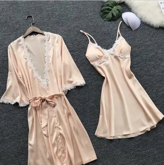 

Fdfklak Women sexy lace silk robe & gown set sleep dress+bathrobe two piece robe bridesmaid wedding sleepwear lace dressing gown