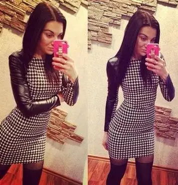 2015 мода платье женщины европейский стиль тонкий Bodycon с длинными рукавами плед