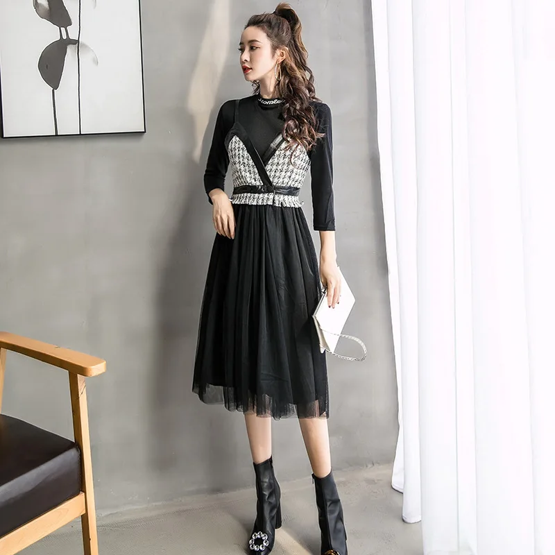 Женский комплект 2 шт. костюм 2018 осень черная рубашка с длинными рукавами топ и