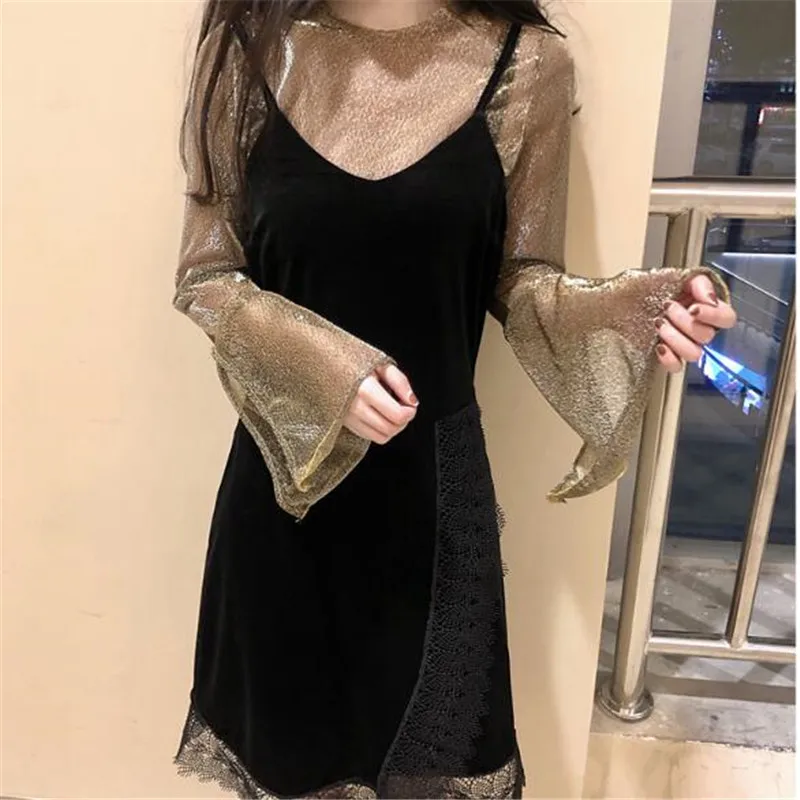 

New 2018 Women's Long Sleeve Tops + Black Gold Velvet Stitching Lace Condole Belt Dress Spring Autumn Women Two-piece Vestidos