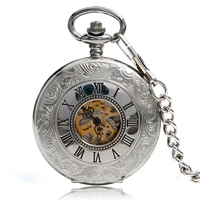 retro silver roman numbers skeleton men pocket watch hand winding mechanical fob watches chain vintage double open clock gift