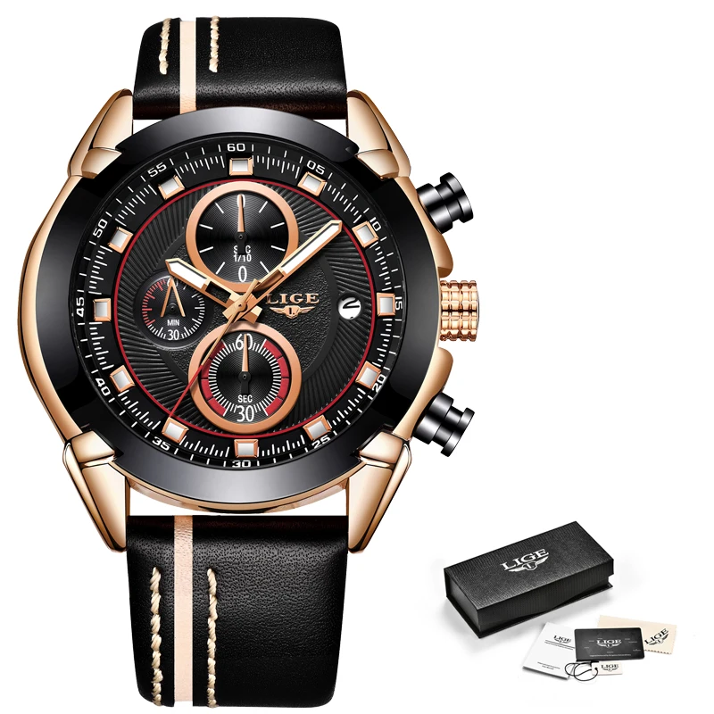 Часы наручные LIGE Мужские кварцевые модные деловые брендовые Роскошные