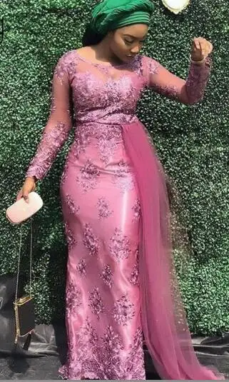 Aso Ebi Фуксия кружева Русалка Выпускные платья с фатиновой элегантной длинными рукавами платья на выпускной в африканском стиле Вечерние платья C аппликацией - Цвет: Розовый