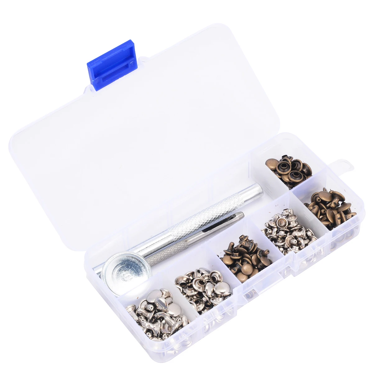 

New 1 Set Silver/Bronze Double Sided Rivet Buckle Leather Repairing Rivets Tubular Metal Single with Fixing Tool Storage Box Kit