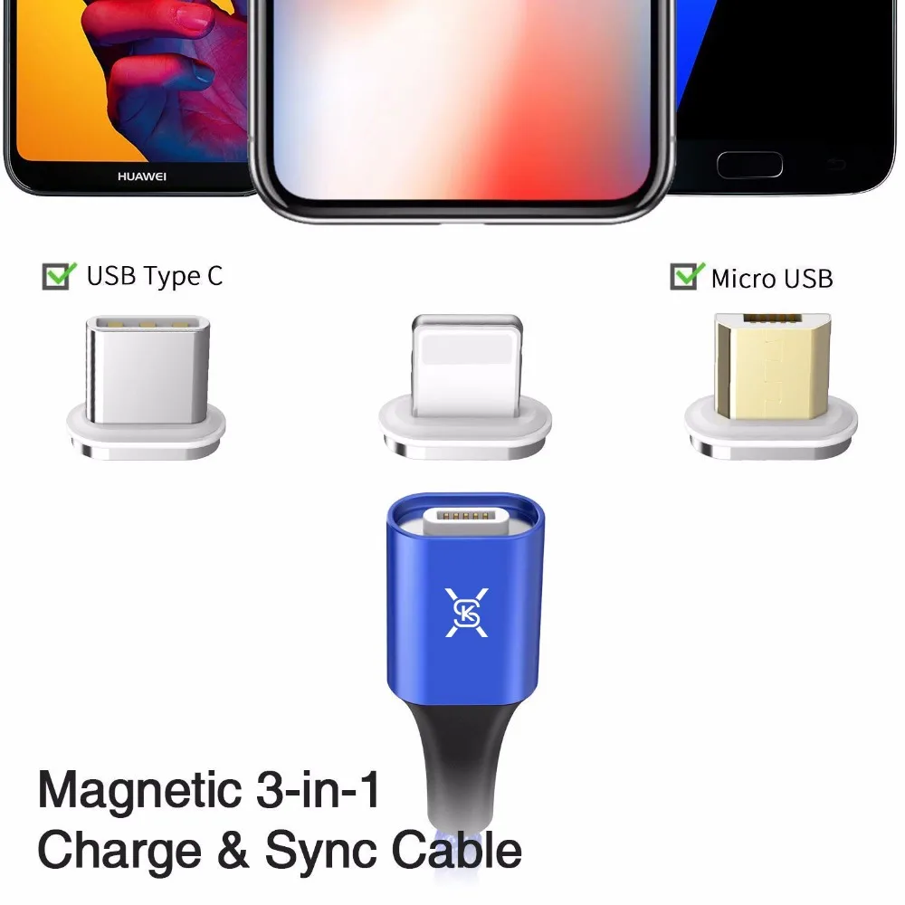 SIKAI 3A Магнитный зарядный кабель Micro USB C 3 в 1 для iPhone, магнитный Android кабель для быстрой зарядки и синхронизации данных, автомобильное зарядное устройство