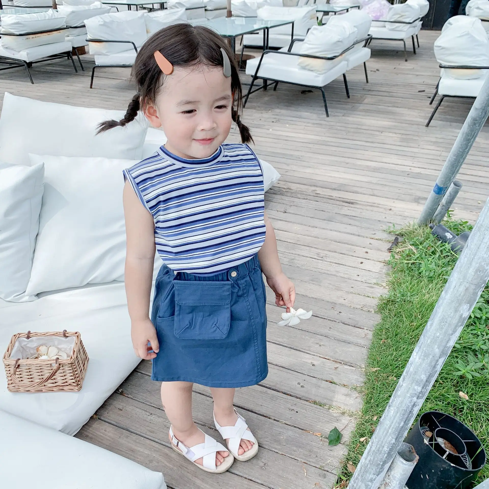 2019 летний хлопковый жилет в полоску для маленьких девочек + юбка комплекты одежды