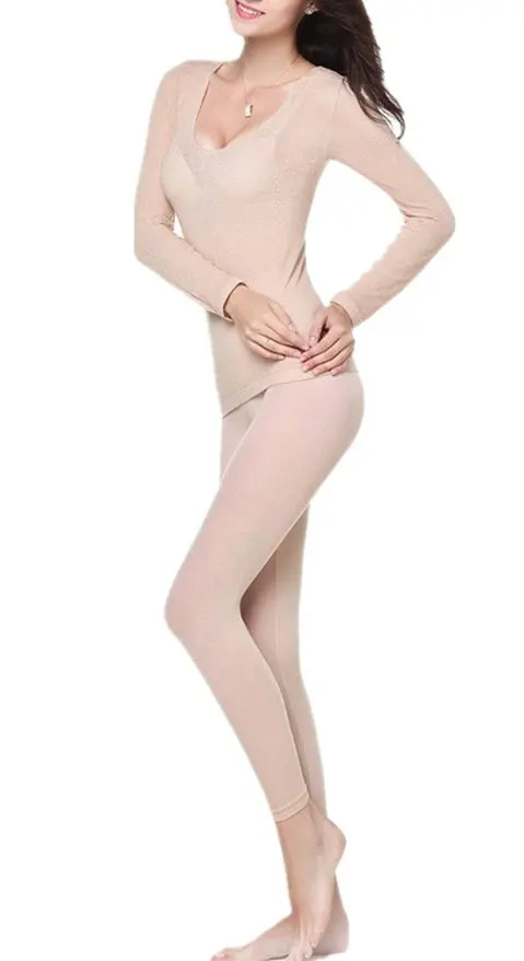 

Women's Round Neck Stretch Seamless Top & Bottom Sexy Thermal Underwear Set