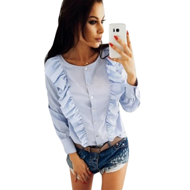Женская рубашка с оборками и длинным рукавом круглым вырезом|long sleeves women blouse|women