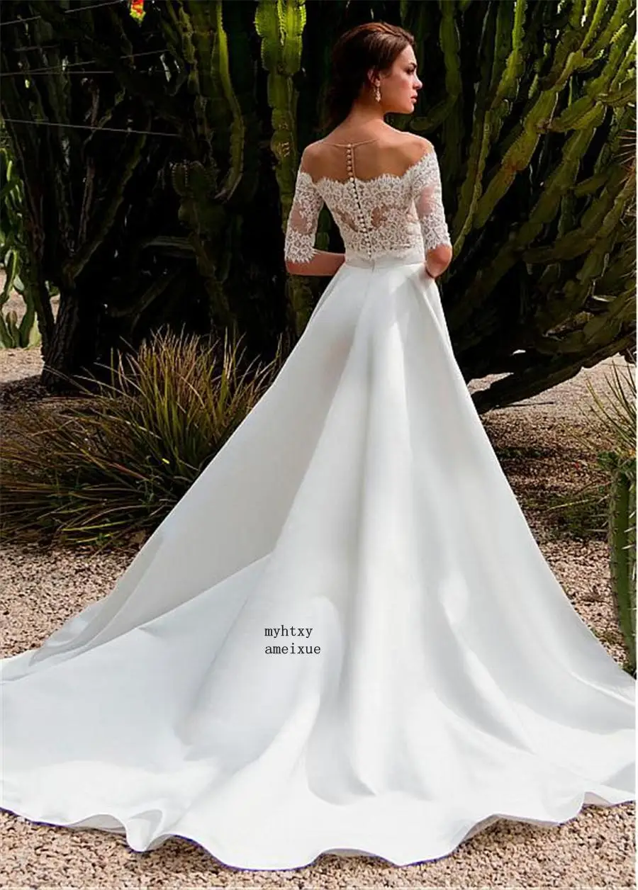 

Satin Off The Shoulder A-line Two-piece Simple Cheap Wedding Dress 2020 Lace Appliques Bridal Dress Plus Size Vestido De Noiva