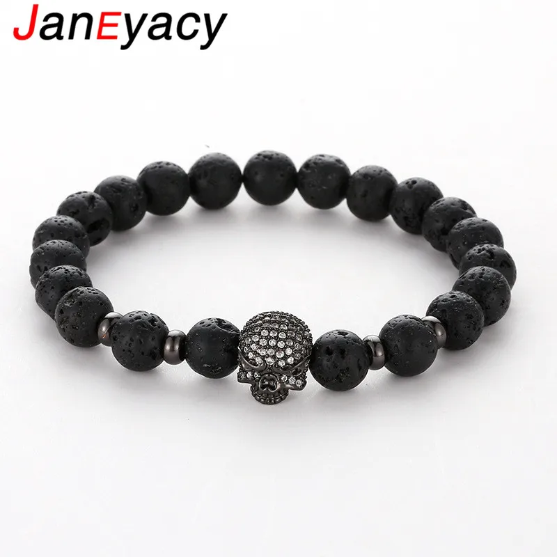 

Hot 8mm Black Volcanic Stone Women Bracelets Natural Stone Bead Bracelets Men Popular Zircon Design Rock Skull Bracelet Jewelry