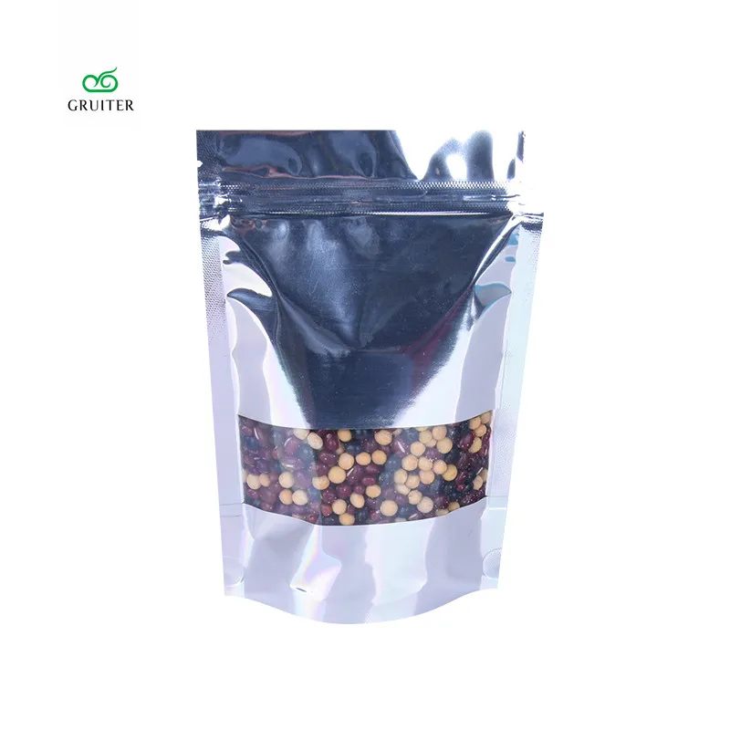 GRUITER 100x Silver W/Clear Front Stand Up Ziplock Bags Foil Food Coffee Bean Nuts Packaging Storage Sample Pouches 20x30cm