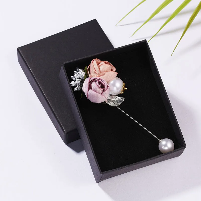 pink box Ткань цветок длинная игла Брошь булавка двойной цветок жемчуг шарф рубашка бутоньерка на лацкан значок Свадебные украшения для женщин подарок - Окраска металла: pink box
