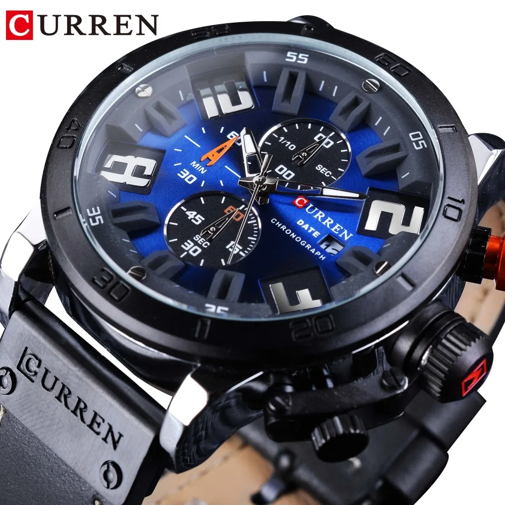 CURREN 2018 модные с синим циферблатом военные черным кожаным календарем хронографом