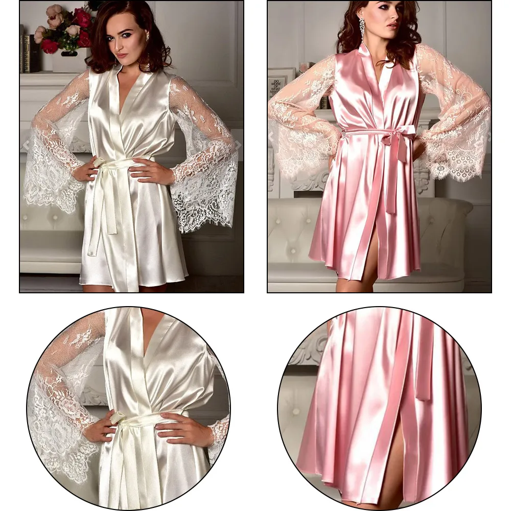 Женский кружевной халат из ледяного шелка женский Пижама + нижнее белье пояс 3