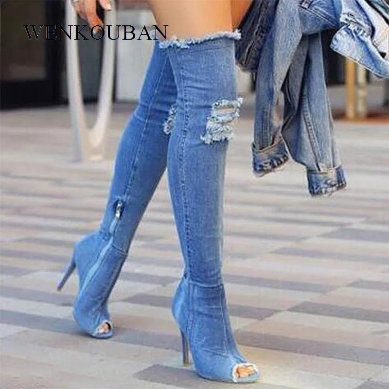 Женские джинсовые ботфорты синие сапоги до бедра на тонком высоком каблуке