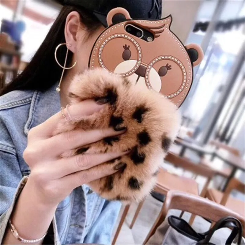 Luxury Fashion DIY Rabbit Fur Case For iPhone 6 6S 7 8 Plus X XS XR MAX Cute Big Eyes Bear Cartoon Warm Fluffy Hair Plush |