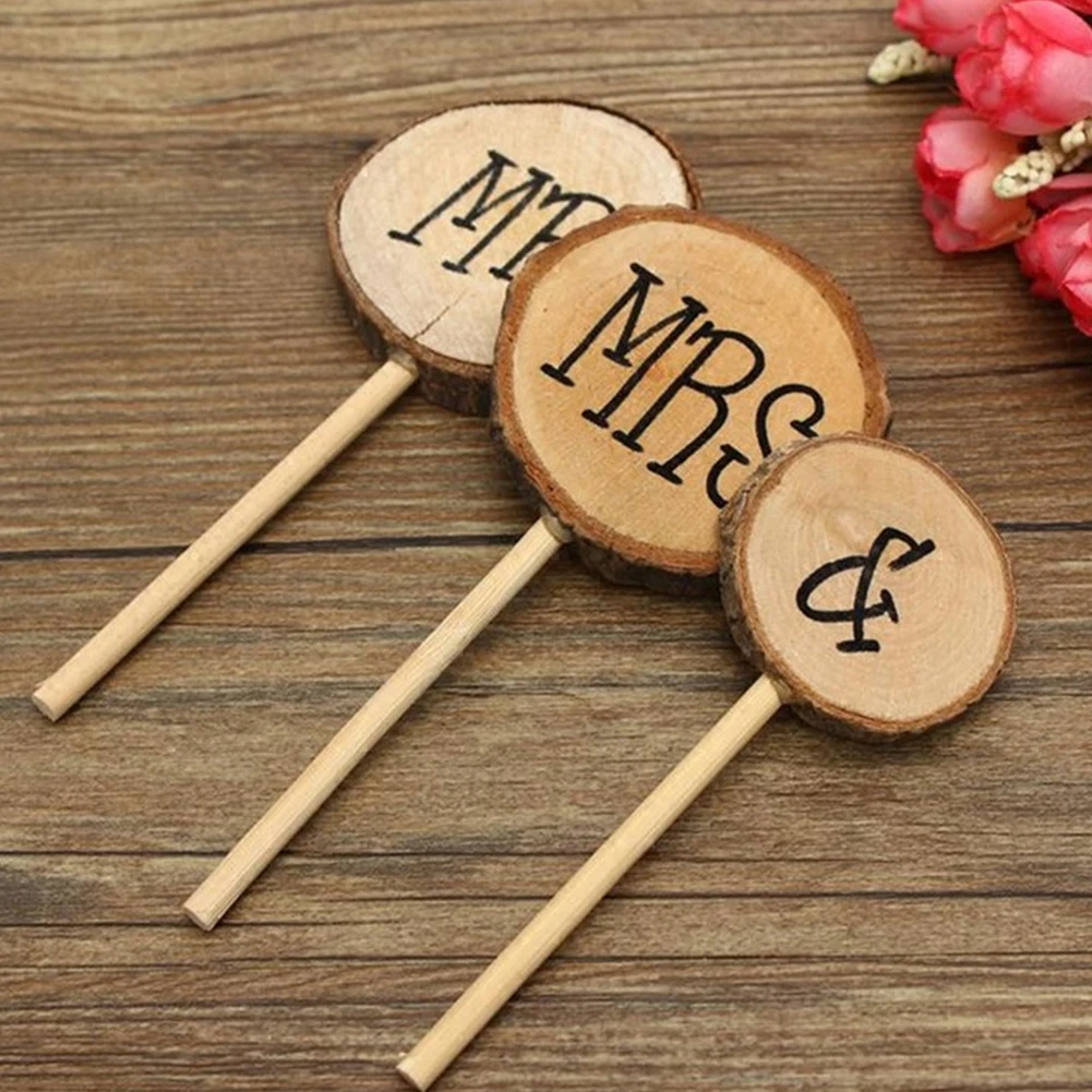 3Pcs/Set Wooden Cake Toppers Round Mr &amp Mrs Shabby Chic Rustic Wedding Topper Pick Decoration Colorful | Дом и сад