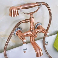 antique red copper brass dual ceramic handles wall mounted clawfoot bath tub faucet mixer tap with hand shower spray mna331