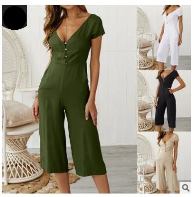 Женский свободный комбинезон с v образным вырезом и коротким рукавом
